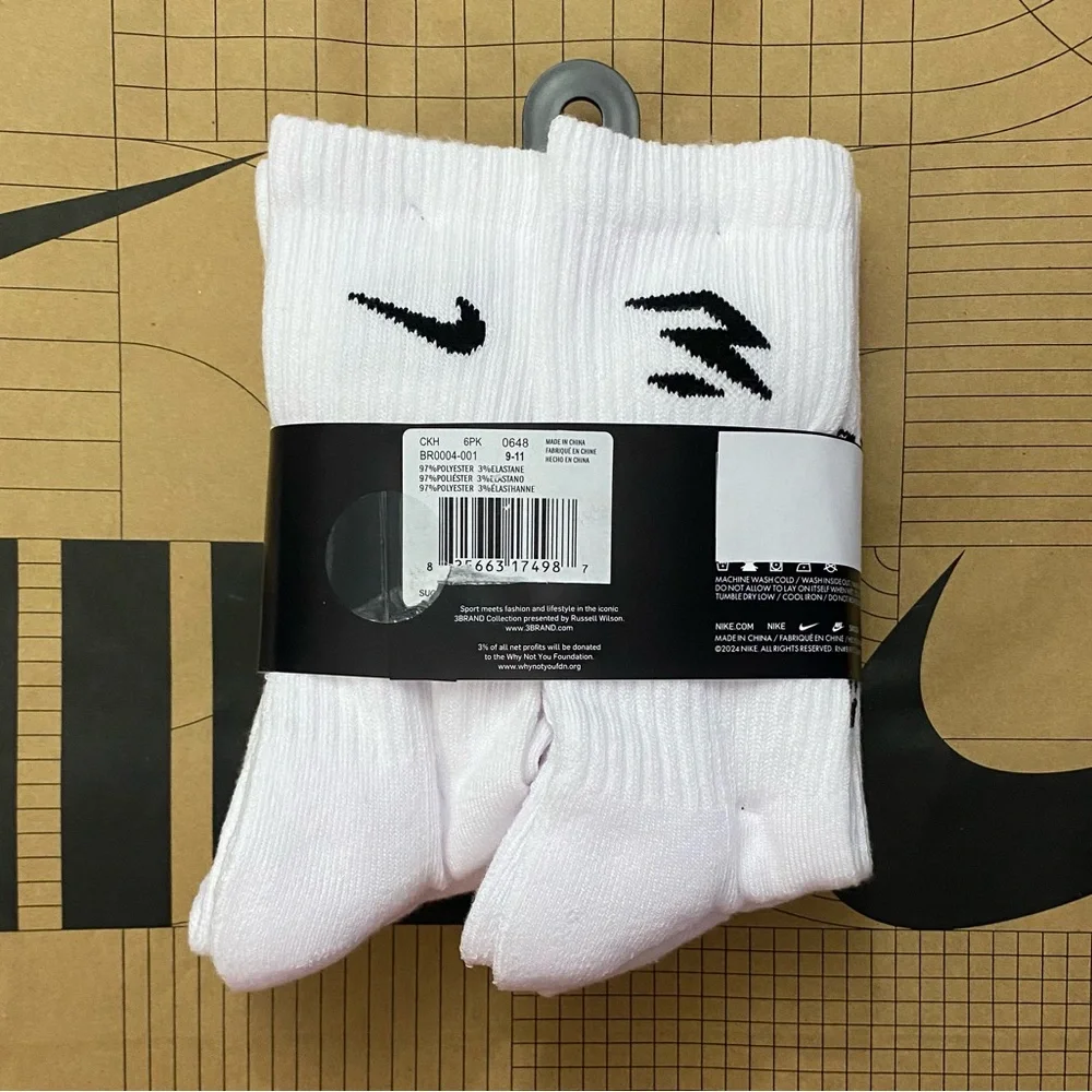 Nike DRI-FIT 3BRAND Performance Training Cushioned crew Socks 6 Pair Pack